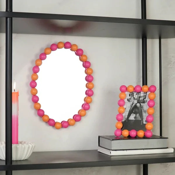 Wand Spiegel met Bolletjesrand Oranje/ Neon Roze - 29x22.5cm