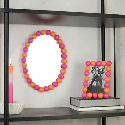 Wand Spiegel met Bolletjesrand Oranje/ Neon Roze - 29x22.5cm